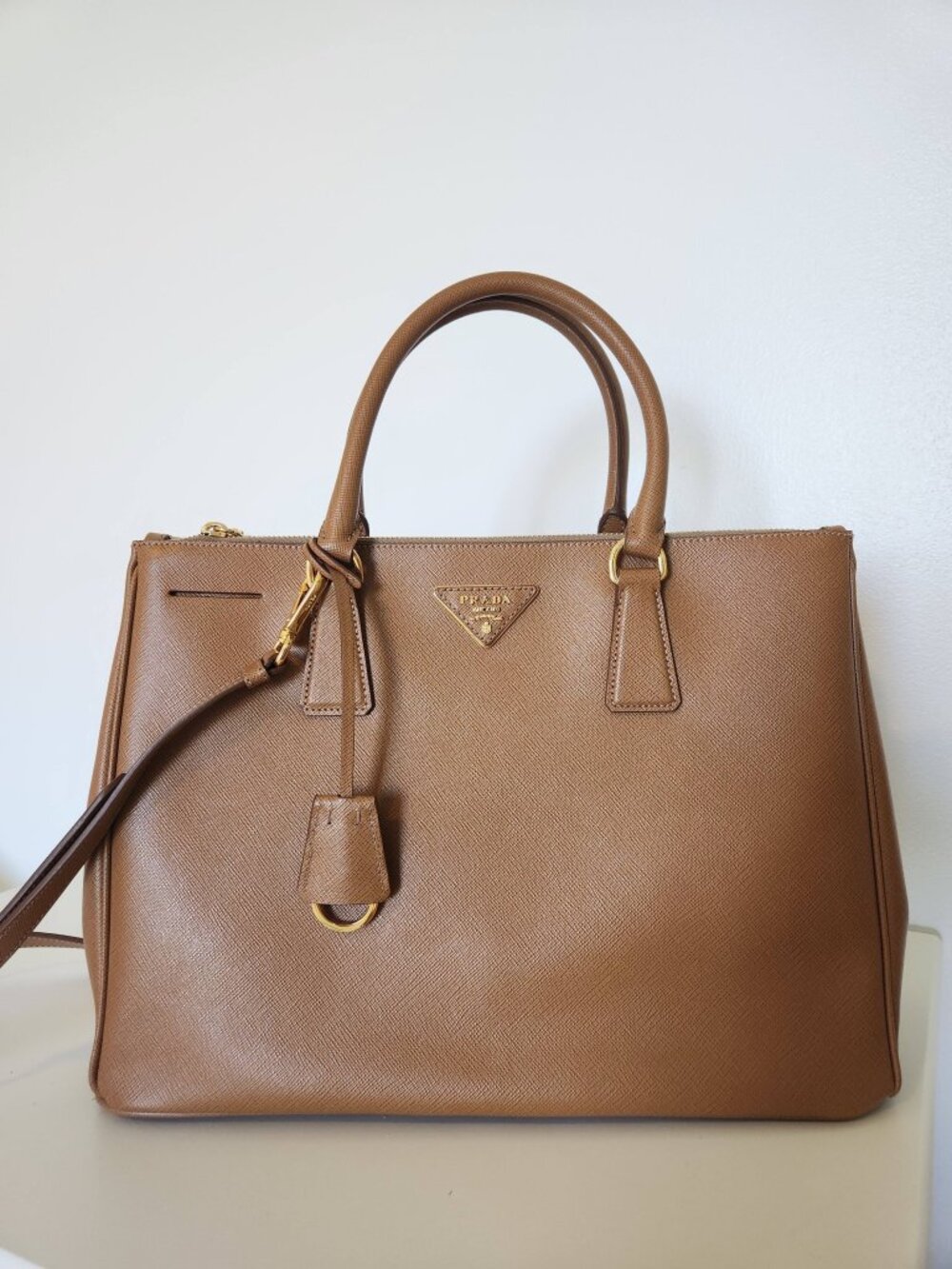 New Prada Brown Saffiano Lux Leather  Double Zip Tote